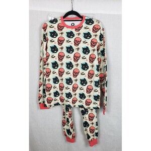 Creepy Co Beistle Pajama Set Mens Medium 2 Piece Halloween Skull Black Cat Print